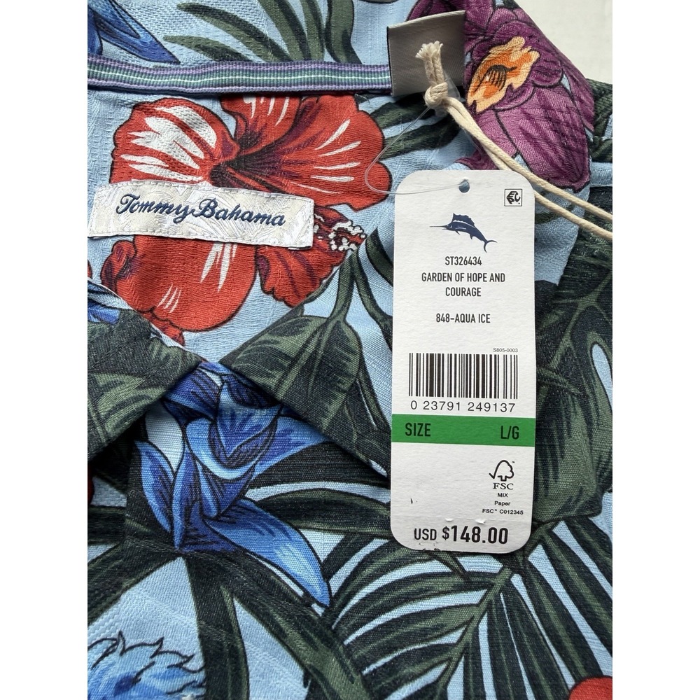 NWT Tommy Bahama Garden of Hope and Courage Shirt Large Aqua Ice Hawaiian Floral - Picture 4 of 9